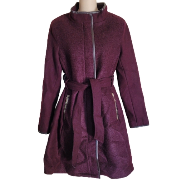 Nine West Faux-Leather Binding Wool-Blend Coat in Wine Color Size Women's Small - Picture 3 of 14
